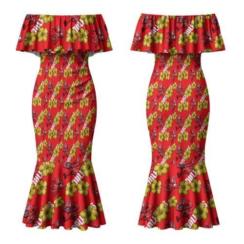 Dolphins Mascot Couples Matching Mermaid Dress and Hawaiian Shirt Tropical Hibiscus Floral Seamless Rugby Mascot