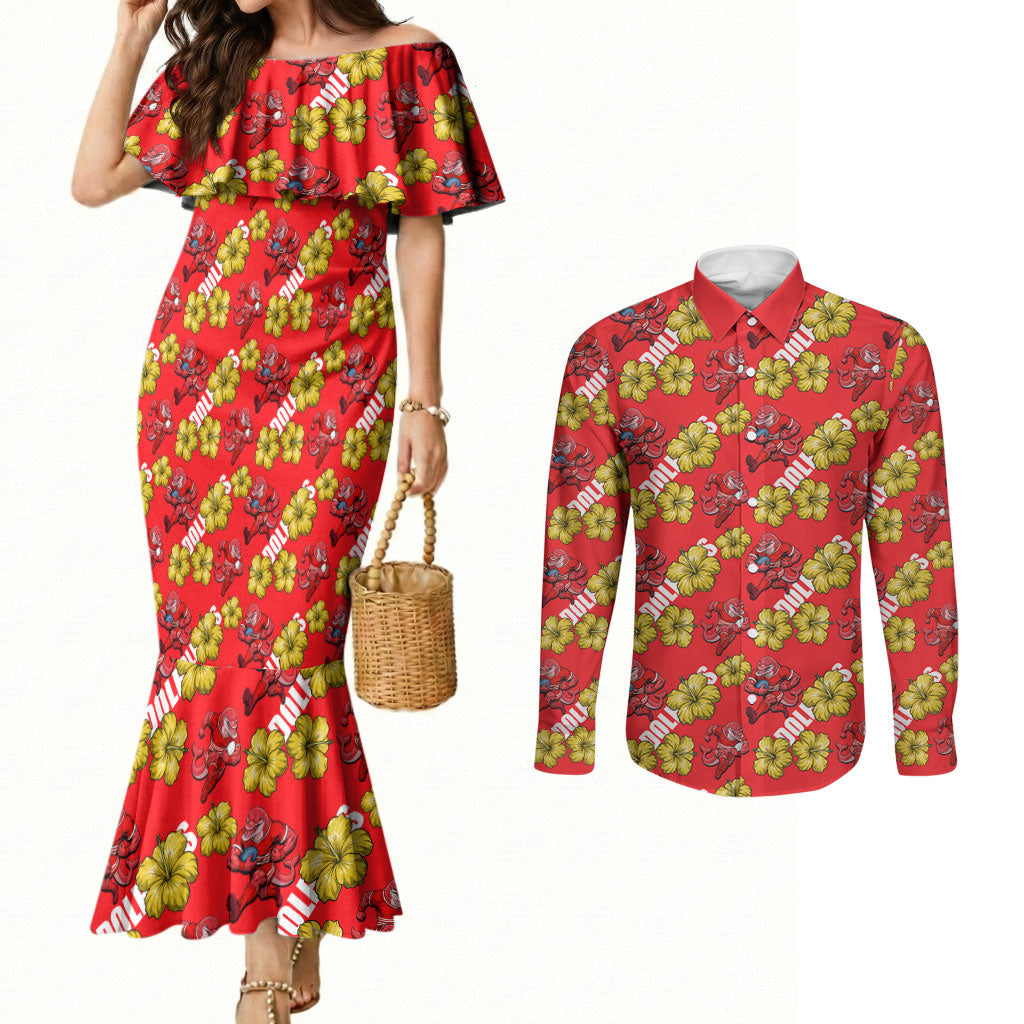 Dolphins Mascot Couples Matching Mermaid Dress and Long Sleeve Button Shirt Tropical Hibiscus Floral Seamless Rugby Mascot