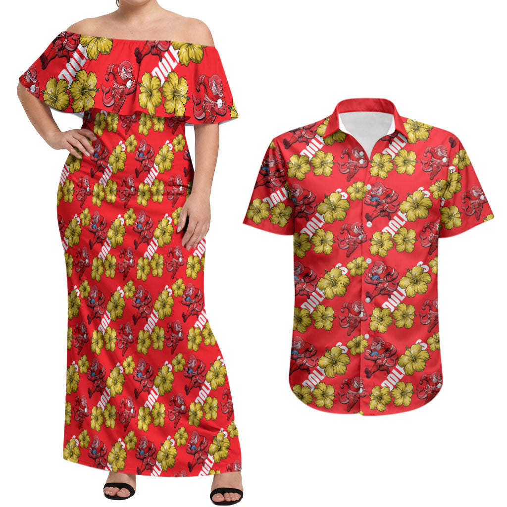 Dolphins Mascot Couples Matching Off Shoulder Maxi Dress and Hawaiian Shirt Tropical Hibiscus Floral Seamless Rugby Mascot