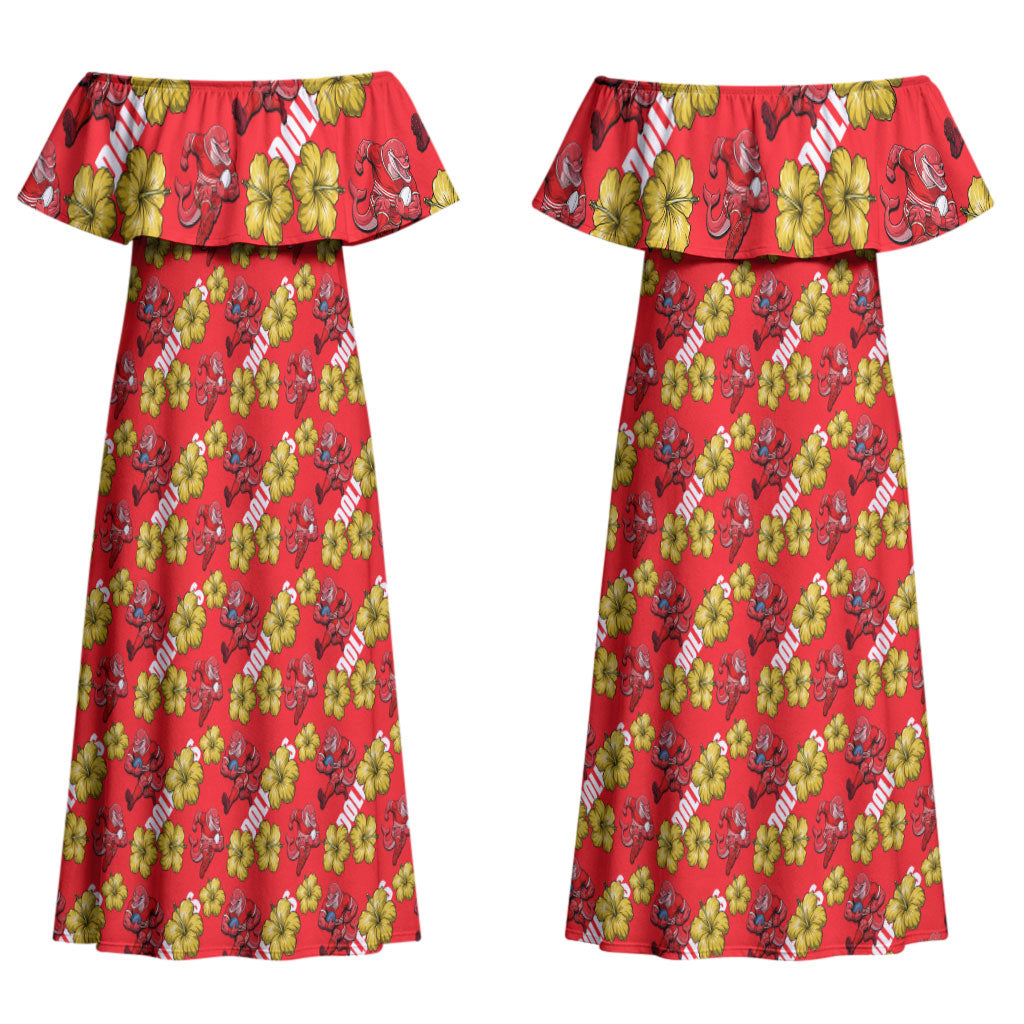 Dolphins Mascot Couples Matching Off Shoulder Maxi Dress and Hawaiian Shirt Tropical Hibiscus Floral Seamless Rugby Mascot