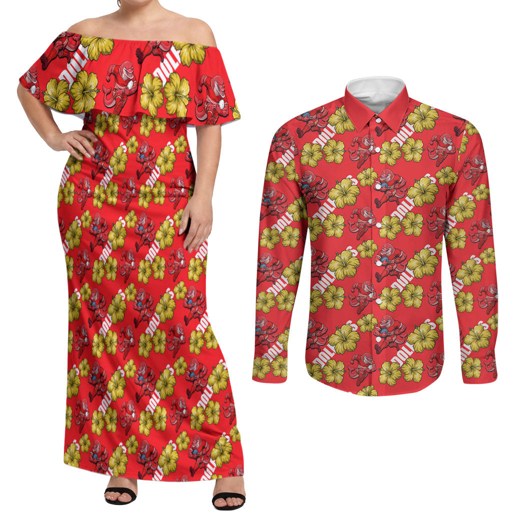 Dolphins Mascot Couples Matching Off Shoulder Maxi Dress and Long Sleeve Button Shirt Tropical Hibiscus Floral Seamless Rugby Mascot