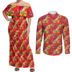 Dolphins Mascot Couples Matching Off Shoulder Maxi Dress and Long Sleeve Button Shirt Tropical Hibiscus Floral Seamless Rugby Mascot