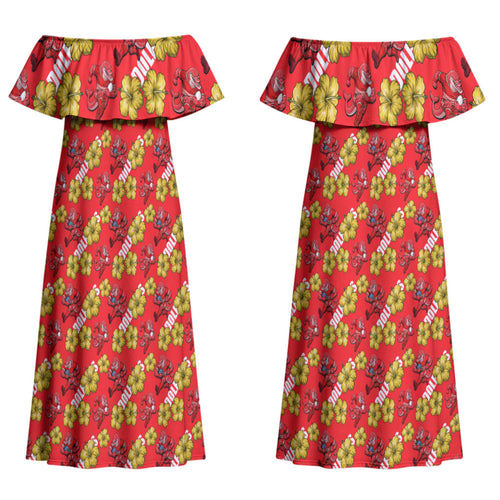 Dolphins Mascot Couples Matching Off Shoulder Maxi Dress and Long Sleeve Button Shirt Tropical Hibiscus Floral Seamless Rugby Mascot