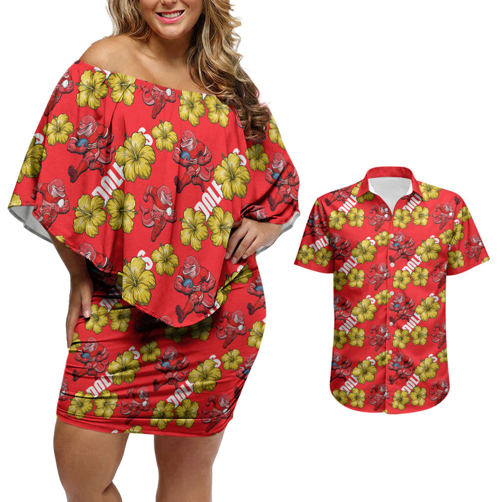 Dolphins Mascot Couples Matching Off Shoulder Short Dress and Hawaiian Shirt Tropical Hibiscus Floral Seamless Rugby Mascot