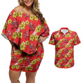 Dolphins Mascot Couples Matching Off Shoulder Short Dress and Hawaiian Shirt Tropical Hibiscus Floral Seamless Rugby Mascot