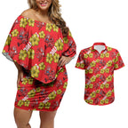 Dolphins Mascot Couples Matching Off Shoulder Short Dress and Hawaiian Shirt Tropical Hibiscus Floral Seamless Rugby Mascot
