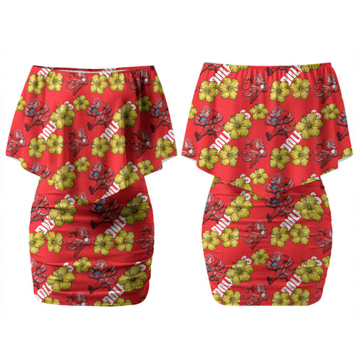 Dolphins Mascot Couples Matching Off Shoulder Short Dress and Hawaiian Shirt Tropical Hibiscus Floral Seamless Rugby Mascot