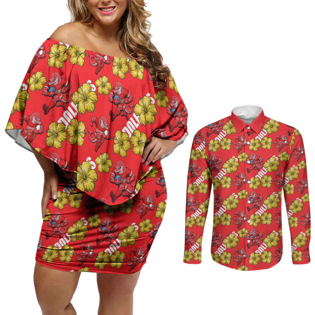 Dolphins Mascot Couples Matching Off Shoulder Short Dress and Long Sleeve Button Shirt Tropical Hibiscus Floral Seamless Rugby Mascot
