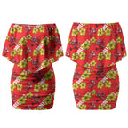 Dolphins Mascot Couples Matching Off Shoulder Short Dress and Long Sleeve Button Shirt Tropical Hibiscus Floral Seamless Rugby Mascot