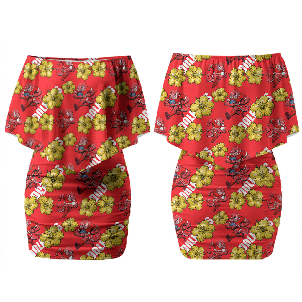 Dolphins Mascot Couples Matching Off Shoulder Short Dress and Long Sleeve Button Shirt Tropical Hibiscus Floral Seamless Rugby Mascot
