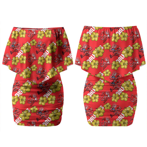 Dolphins Mascot Couples Matching Off Shoulder Short Dress and Long Sleeve Button Shirt Tropical Hibiscus Floral Seamless Rugby Mascot