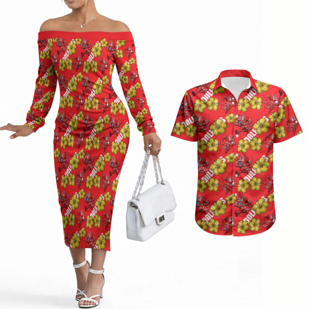 Dolphins Mascot Couples Matching Off The Shoulder Long Sleeve Dress and Hawaiian Shirt Tropical Hibiscus Floral Seamless Rugby Mascot
