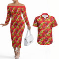 Dolphins Mascot Couples Matching Off The Shoulder Long Sleeve Dress and Hawaiian Shirt Tropical Hibiscus Floral Seamless Rugby Mascot