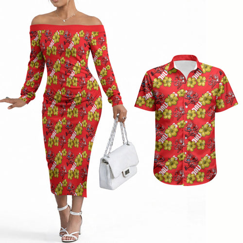 Dolphins Mascot Couples Matching Off The Shoulder Long Sleeve Dress and Hawaiian Shirt Tropical Hibiscus Floral Seamless Rugby Mascot