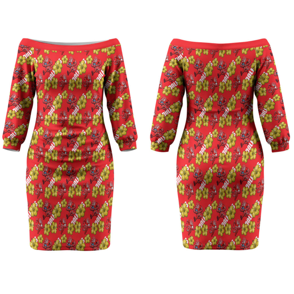 Dolphins Mascot Couples Matching Off The Shoulder Long Sleeve Dress and Hawaiian Shirt Tropical Hibiscus Floral Seamless Rugby Mascot