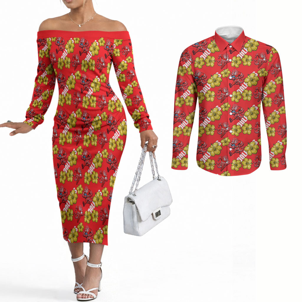 Dolphins Mascot Couples Matching Off The Shoulder Long Sleeve Dress and Long Sleeve Button Shirt Tropical Hibiscus Floral Seamless Rugby Mascot