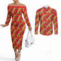 Dolphins Mascot Couples Matching Off The Shoulder Long Sleeve Dress and Long Sleeve Button Shirt Tropical Hibiscus Floral Seamless Rugby Mascot