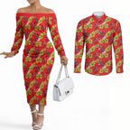 Dolphins Mascot Couples Matching Off The Shoulder Long Sleeve Dress and Long Sleeve Button Shirt Tropical Hibiscus Floral Seamless Rugby Mascot