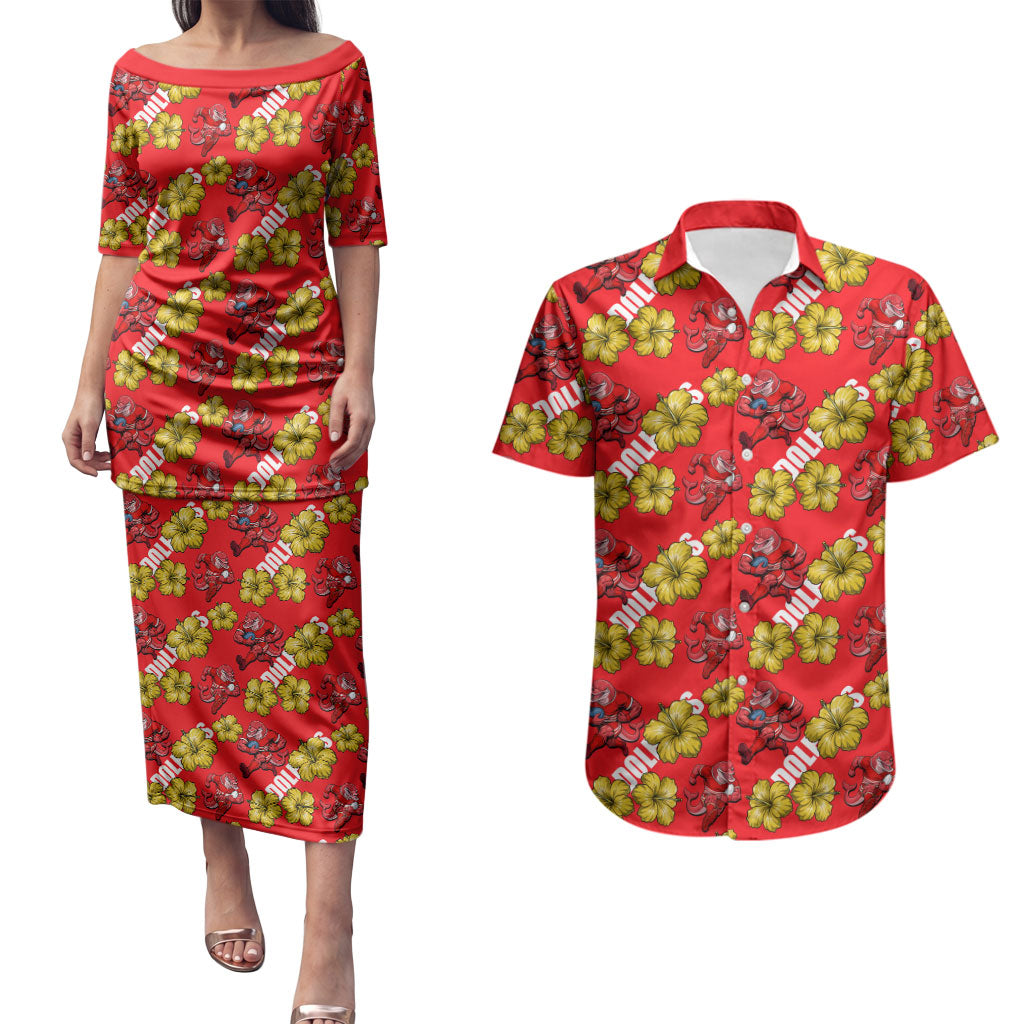Dolphins Mascot Couples Matching Puletasi and Hawaiian Shirt Tropical Hibiscus Floral Seamless Rugby Mascot