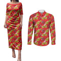 Dolphins Mascot Couples Matching Puletasi and Long Sleeve Button Shirt Tropical Hibiscus Floral Seamless Rugby Mascot