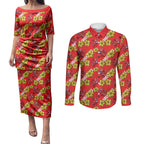 Dolphins Mascot Couples Matching Puletasi and Long Sleeve Button Shirt Tropical Hibiscus Floral Seamless Rugby Mascot