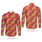 Dolphins Mascot Couples Matching Puletasi and Long Sleeve Button Shirt Tropical Hibiscus Floral Seamless Rugby Mascot