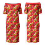 Dolphins Mascot Couples Matching Puletasi and Long Sleeve Button Shirt Tropical Hibiscus Floral Seamless Rugby Mascot