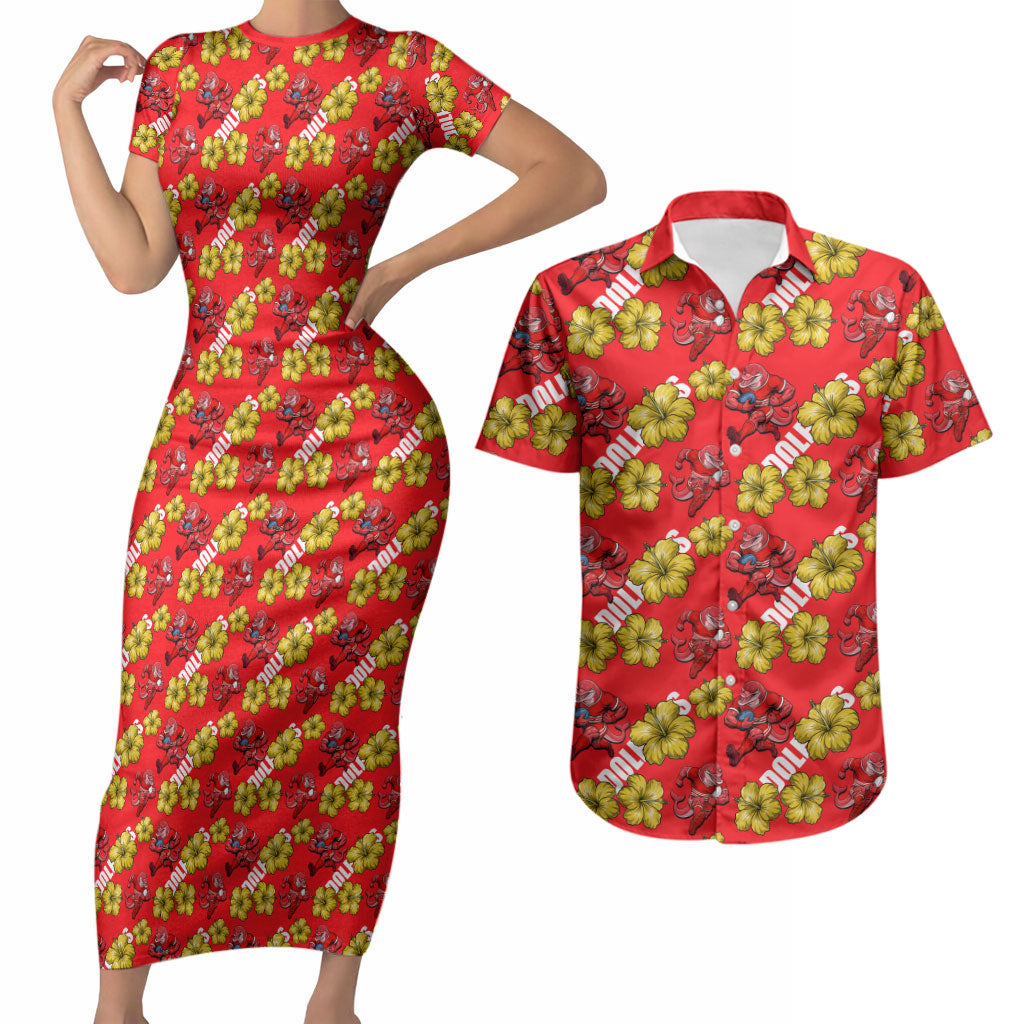 Dolphins Mascot Couples Matching Short Sleeve Bodycon Dress and Hawaiian Shirt Tropical Hibiscus Floral Seamless Rugby Mascot