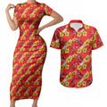 Dolphins Mascot Couples Matching Short Sleeve Bodycon Dress and Hawaiian Shirt Tropical Hibiscus Floral Seamless Rugby Mascot