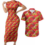 Dolphins Mascot Couples Matching Short Sleeve Bodycon Dress and Hawaiian Shirt Tropical Hibiscus Floral Seamless Rugby Mascot