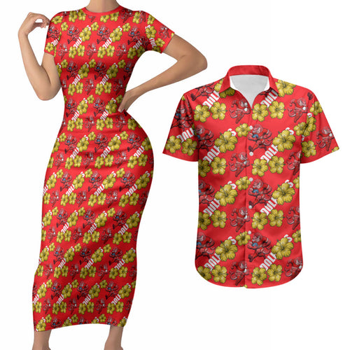 Dolphins Mascot Couples Matching Short Sleeve Bodycon Dress and Hawaiian Shirt Tropical Hibiscus Floral Seamless Rugby Mascot