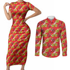 Dolphins Mascot Couples Matching Short Sleeve Bodycon Dress and Long Sleeve Button Shirt Tropical Hibiscus Floral Seamless Rugby Mascot