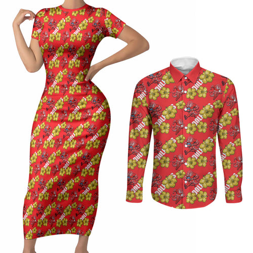 Dolphins Mascot Couples Matching Short Sleeve Bodycon Dress and Long Sleeve Button Shirt Tropical Hibiscus Floral Seamless Rugby Mascot