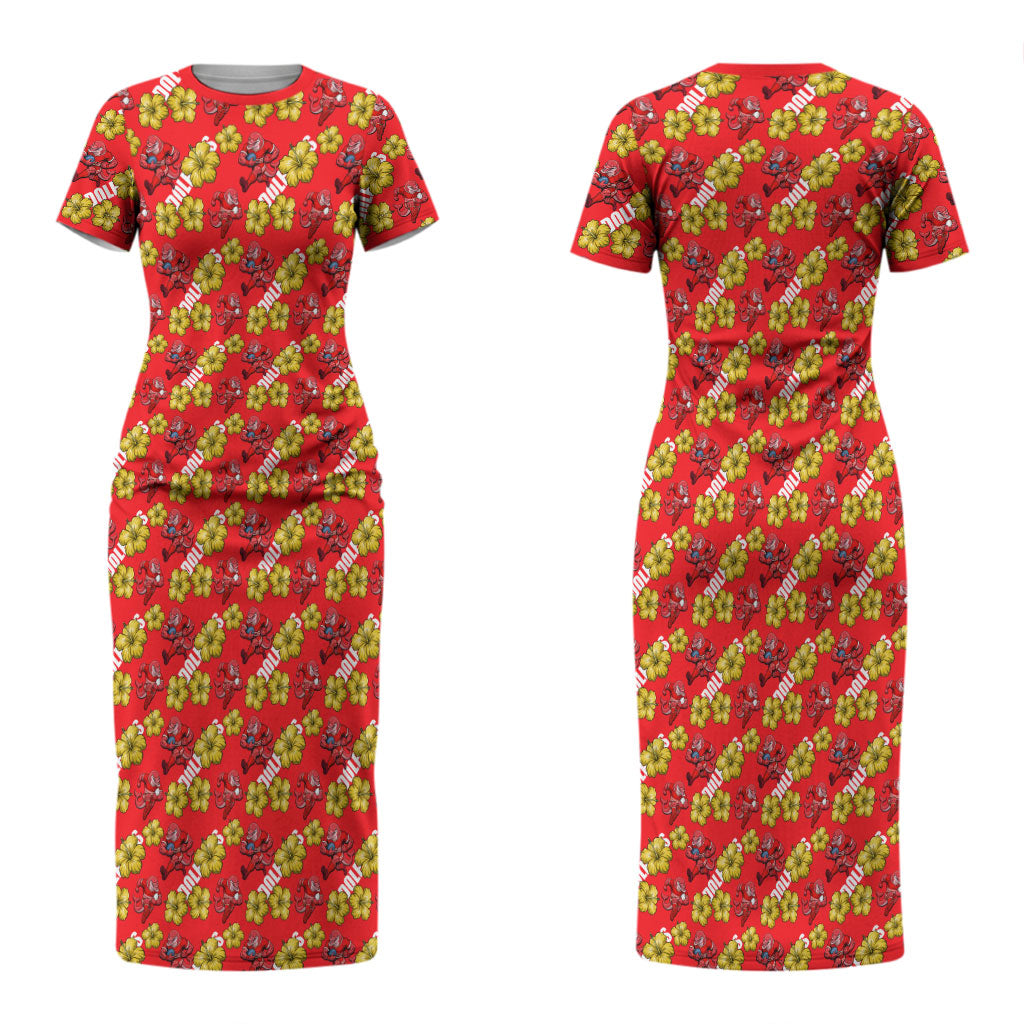 Dolphins Mascot Couples Matching Short Sleeve Bodycon Dress and Long Sleeve Button Shirt Tropical Hibiscus Floral Seamless Rugby Mascot