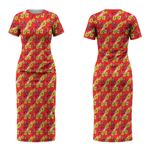 Dolphins Mascot Couples Matching Short Sleeve Bodycon Dress and Long Sleeve Button Shirt Tropical Hibiscus Floral Seamless Rugby Mascot