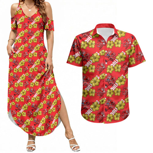 Dolphins Mascot Couples Matching Summer Maxi Dress and Hawaiian Shirt Tropical Hibiscus Floral Seamless Rugby Mascot