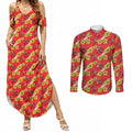 Dolphins Mascot Couples Matching Summer Maxi Dress and Long Sleeve Button Shirt Tropical Hibiscus Floral Seamless Rugby Mascot