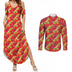 Dolphins Mascot Couples Matching Summer Maxi Dress and Long Sleeve Button Shirt Tropical Hibiscus Floral Seamless Rugby Mascot