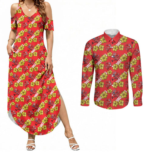 Dolphins Mascot Couples Matching Summer Maxi Dress and Long Sleeve Button Shirt Tropical Hibiscus Floral Seamless Rugby Mascot