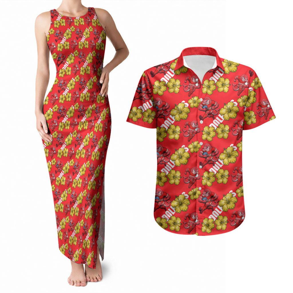Dolphins Mascot Couples Matching Tank Maxi Dress and Hawaiian Shirt Tropical Hibiscus Floral Seamless Rugby Mascot