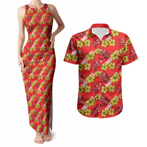 Dolphins Mascot Couples Matching Tank Maxi Dress and Hawaiian Shirt Tropical Hibiscus Floral Seamless Rugby Mascot