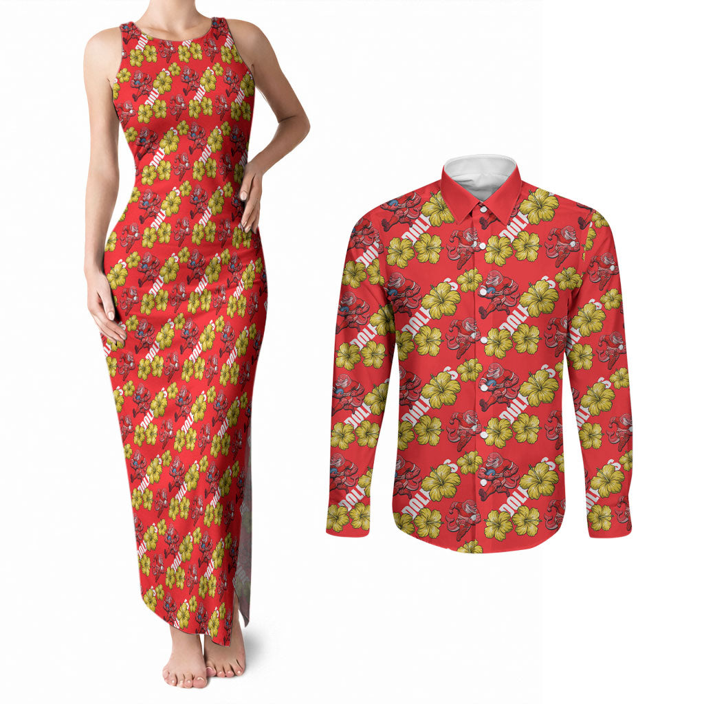 Dolphins Mascot Couples Matching Tank Maxi Dress and Long Sleeve Button Shirt Tropical Hibiscus Floral Seamless Rugby Mascot