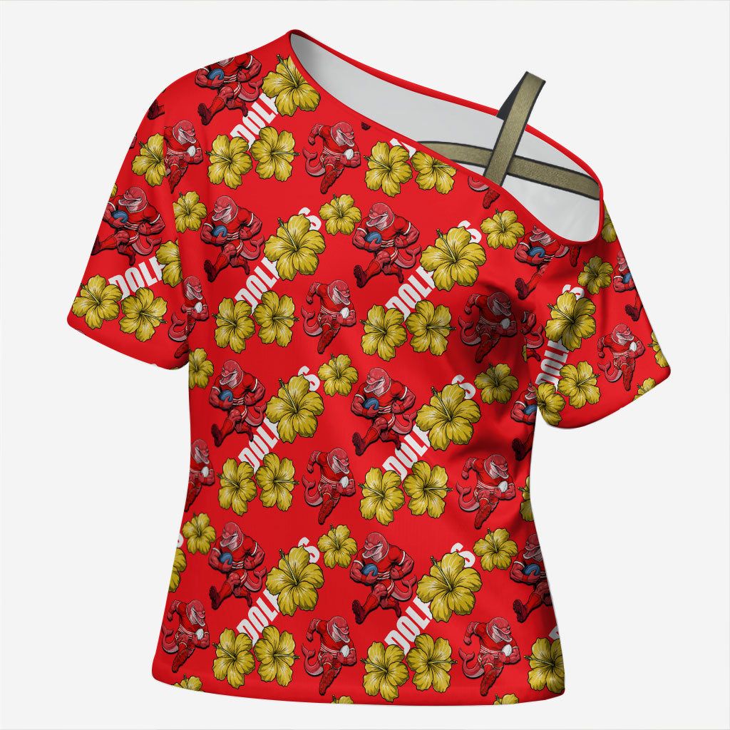 Dolphins Mascot Cross Shoulder Shirt Tropical Hibiscus Floral Seamless Rugby Mascot