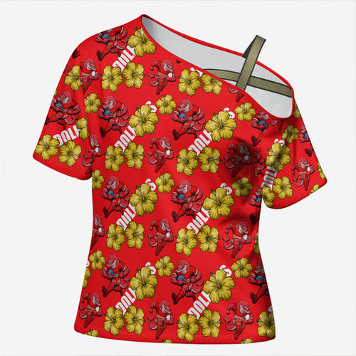 Dolphins Mascot Cross Shoulder Shirt Tropical Hibiscus Floral Seamless Rugby Mascot