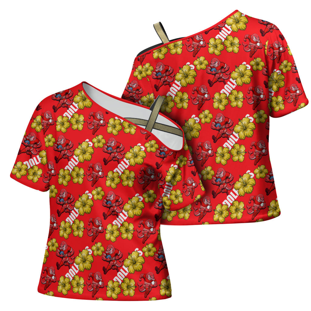 Dolphins Mascot Cross Shoulder Shirt Tropical Hibiscus Floral Seamless Rugby Mascot