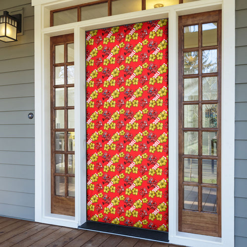 Dolphins Mascot Door Cover Tropical Hibiscus Floral Seamless Rugby Mascot