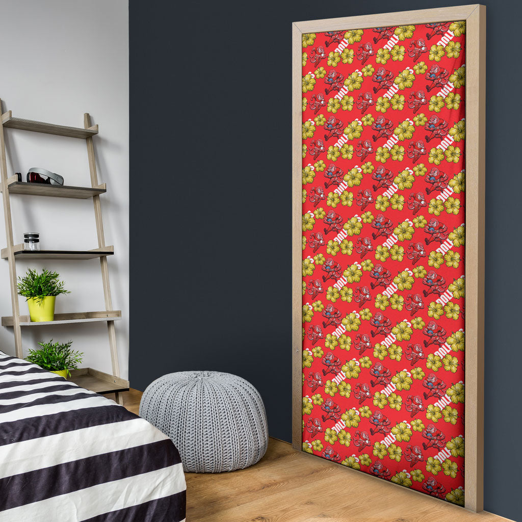 Dolphins Mascot Door Cover Tropical Hibiscus Floral Seamless Rugby Mascot