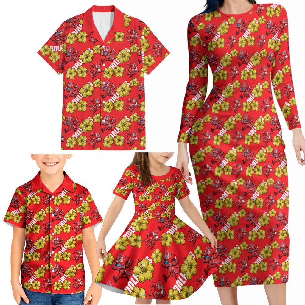 Dolphins Mascot Family Matching Long Sleeve Bodycon Dress and Hawaiian Shirt Tropical Hibiscus Floral Seamless Rugby Mascot