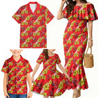Dolphins Mascot Family Matching Mermaid Dress and Hawaiian Shirt Tropical Hibiscus Floral Seamless Rugby Mascot