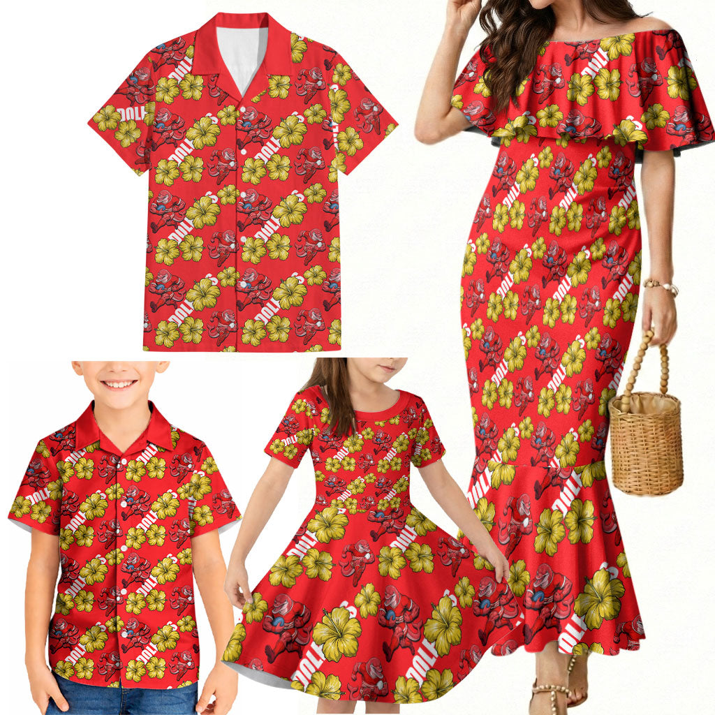 Dolphins Mascot Family Matching Mermaid Dress and Hawaiian Shirt Tropical Hibiscus Floral Seamless Rugby Mascot
